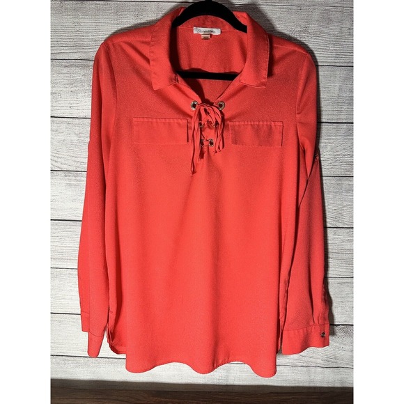 Calvin Klein - Collared Women's Blouse With Tie Up Front. Gold Buttons. - Picture 2 of 11